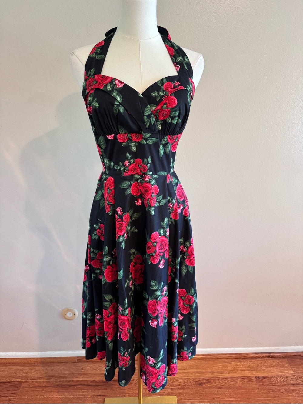 Hell Bunny Vixen Cannes Rose Floral Halter Swing Dress Size M - 98% Cotton